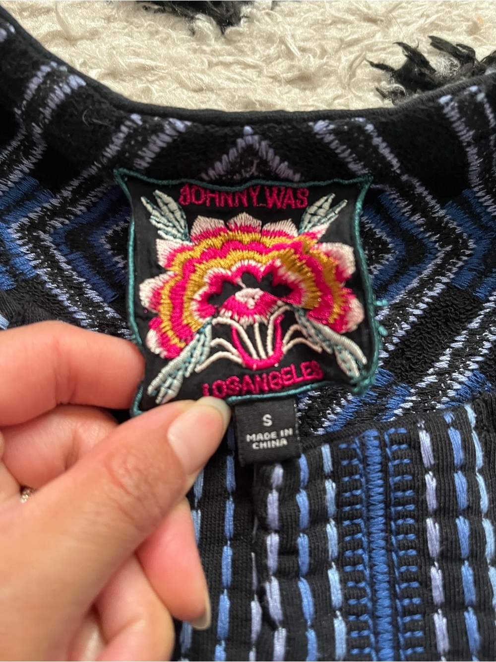 Johnny Was sz Small french Terry mixed media embroidered blue no button jacket - Picture 5 of 16